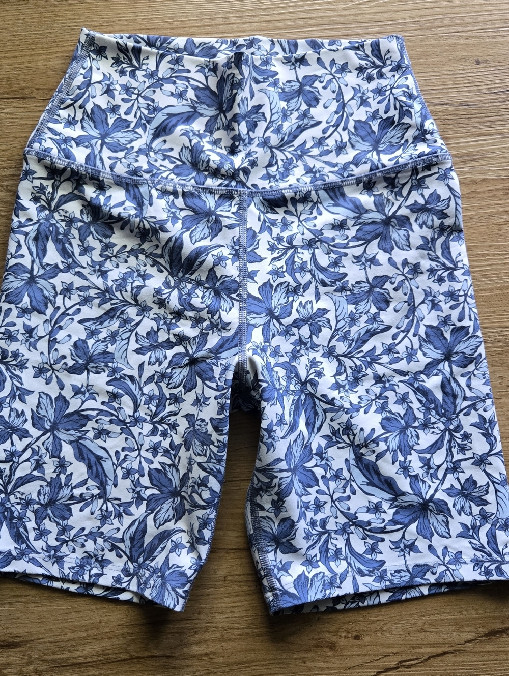Sage Collective White High-Rise Bike Shorts with Navy Floral Print